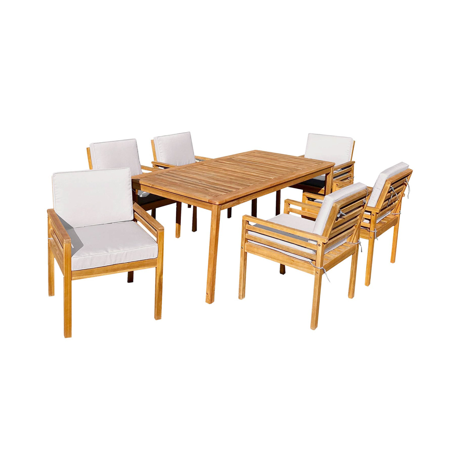 Conjunto de jantar Mesa retangular e 6 cadeiras com almofadas Orlando Acacia Wood 7house Conjuntos de mesas e cadeiras para exte